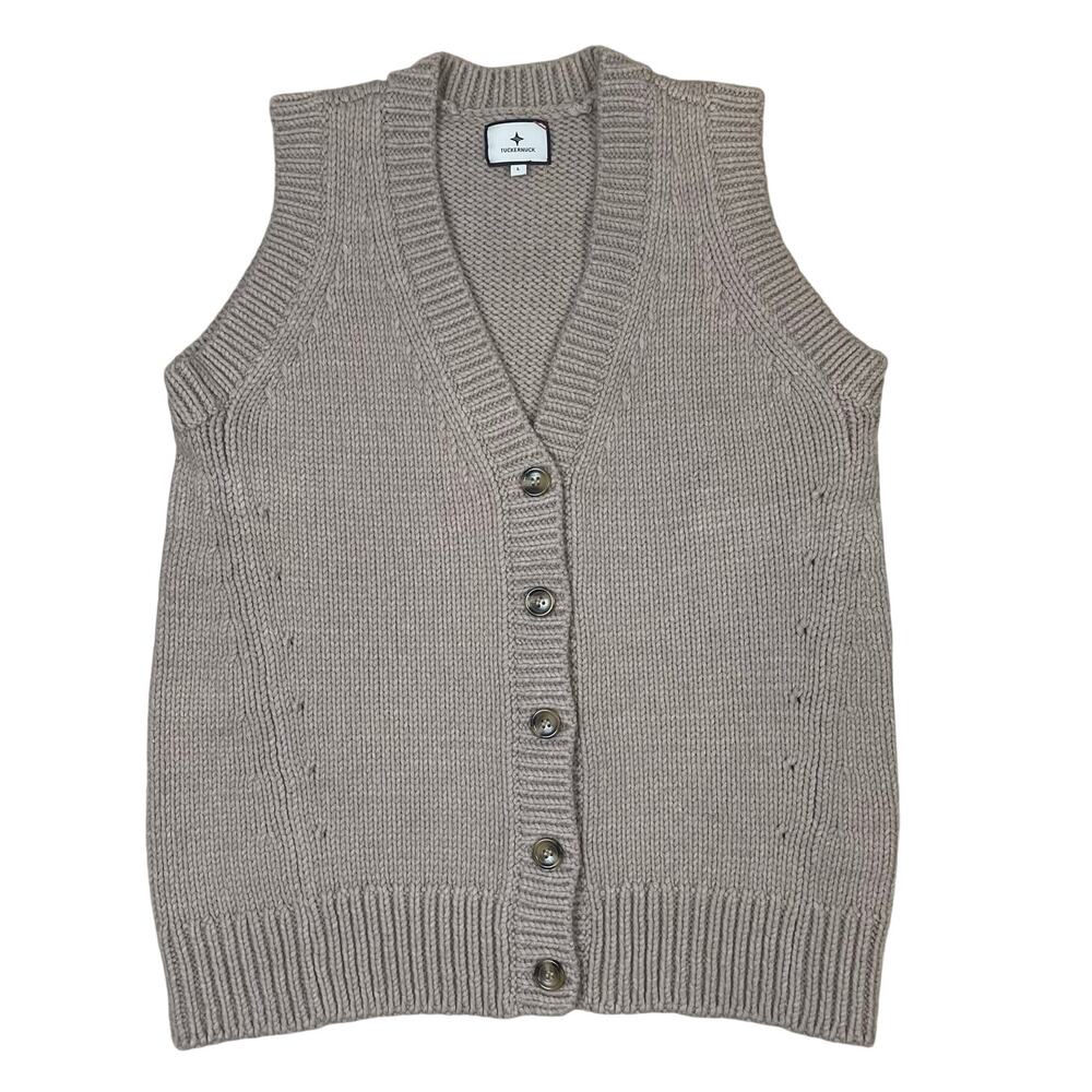 Tuckernuck Wool Blend Cardigan Sweater Vest Large Taupe Neutral Chunky Knit